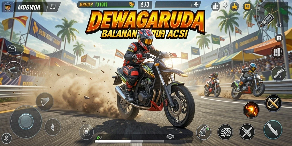 Tangkapan layar gameplay DEWAGARUDA yang menampilkan balapan motor penuh kecepatan.